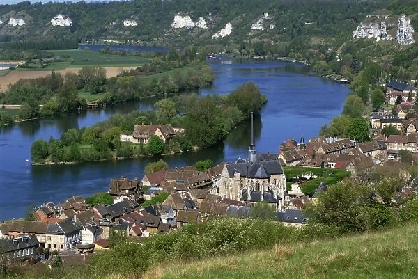 The town and church of Petit Andely part of Les Andelys on the River Seine in Haute Normandie