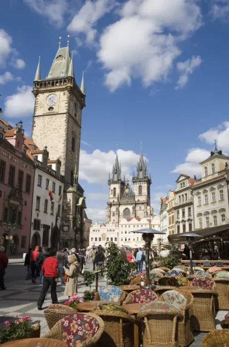 Framed Print : Town Hall and cafe, Old Town Square, Church of Our Lady before Tyn in background Framed Print : Town Hall and cafe, Old Town Square, Church of Our Lady before Tyn in background