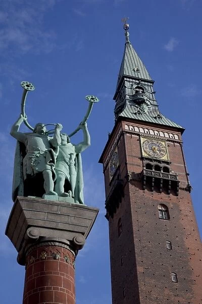 Town Hall Clocktower and statues, Copenhagen, Denmark, Scandinavia, Europe