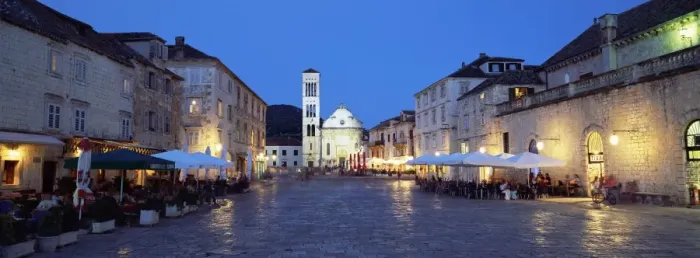 Framed Print : Town Square (Trg Sveti Stjepana) and cathedral of St. Stjepan at dusk, Hvar Town Framed Print : Town Square (Trg Sveti Stjepana) and cathedral of St. Stjepan at dusk, Hvar Town