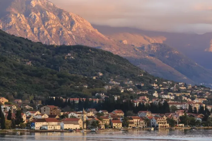Framed Print : Town at sunset on the stunningly beautiful Bay of Kotor (Boka Kotorska) at sunset Framed Print : Town at sunset on the stunningly beautiful Bay of Kotor (Boka Kotorska) at sunset