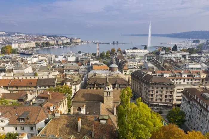 Framed Print : Town view from St. Peters Cathedral, Geneva, Switzerland, Europe Framed Print : Town view from St. Peters Cathedral, Geneva, Switzerland, Europe