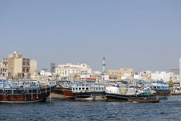 Trading dhows on the docks of Dubai Creek, Deira, Dubai, United Arab Emirates, Middle