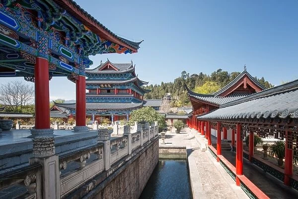 Traditional architecture with colourful wood carvings at Mu Fu complex (Mu Residence), in Lijiang, Yunnan province, China. Asia