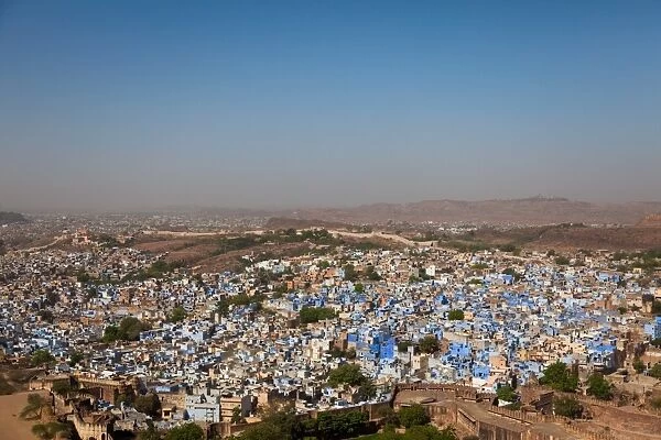 The traditional blue-washed houses of Jodhpur, Rajasthan, India, Asia