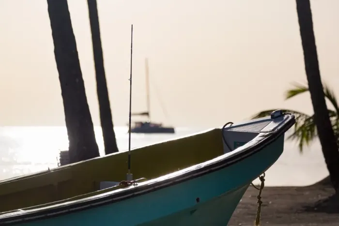 Framed Print : Traditional boat on the beach at Marigot Bay at dusk, St. Lucia, Windward Islands Framed Print : Traditional boat on the beach at Marigot Bay at dusk, St. Lucia, Windward Islands