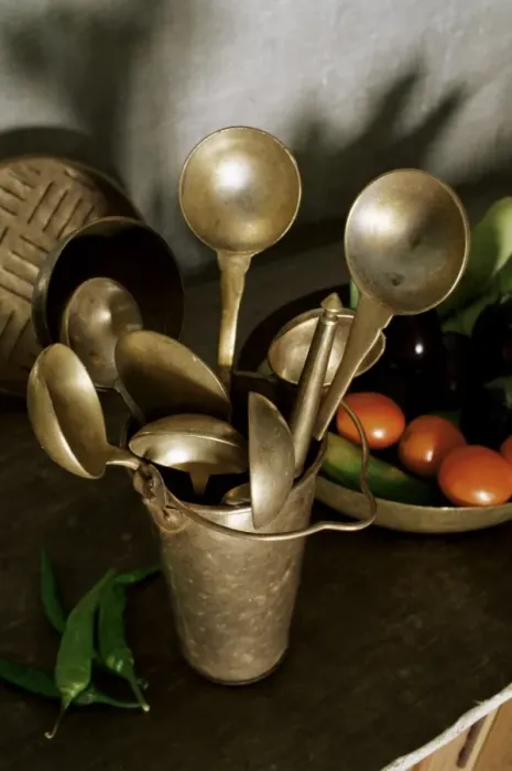 Framed Print : Traditional brass kitchen utensils in a home Framed Print : Traditional brass kitchen utensils in a home