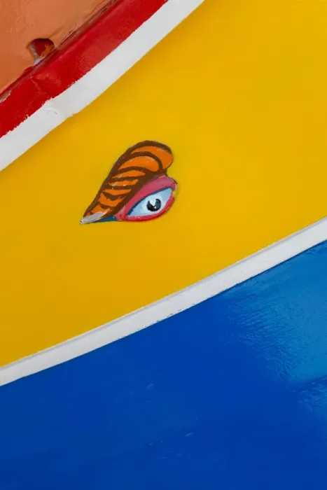 Framed Print : Detail of traditional brightly painted fishing boat in the harbour at Marsaxlokk Framed Print : Detail of traditional brightly painted fishing boat in the harbour at Marsaxlokk