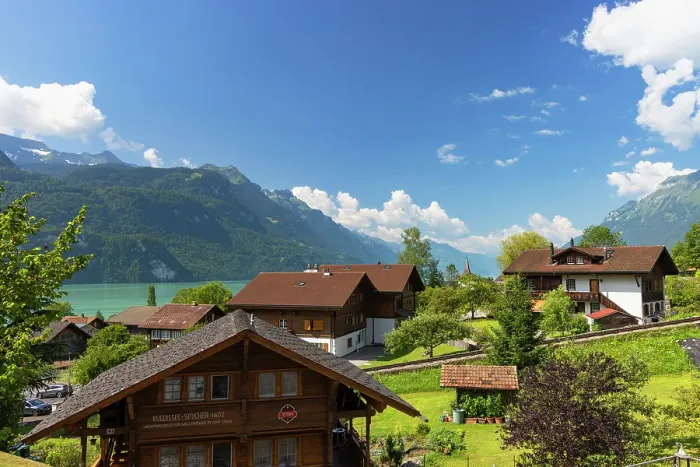 Framed Print : Traditional chalets overlooking Lake Brienz, Brienz, Bernese Oberland, Switzerland Framed Print : Traditional chalets overlooking Lake Brienz, Brienz, Bernese Oberland, Switzerland