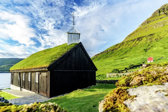 Framed Print : Traditional church with grass roof overlooking the fjord, Funningur, Eysturoy Island, Faroe Islands, Denmark, Europe