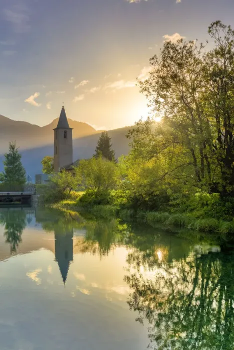 Framed Print : Traditional church of Sils facing Inn River at sunrise, Sils Maria, Engadine valley Framed Print : Traditional church of Sils facing Inn River at sunrise, Sils Maria, Engadine valley