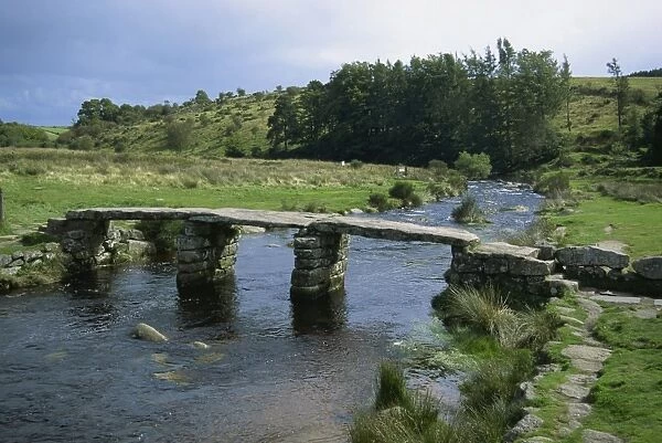 Traditional clapper bridge at Postbridge, Dartmoor, Devon, England, United Kingdom
