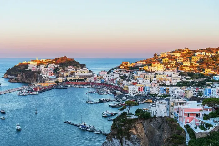 Framed Print : Traditional and colorful fishing town of Ponza seen from above at sunset, Pontine archipelago, Latina province, Tyrrhenian Sea, Latium (Lazio), Italy Europe Framed Print : Traditional and colorful fishing town of Ponza seen from above at sunset, Pontine archipelago, Latina province, Tyrrhenian Sea, Latium (Lazio), Italy Europe