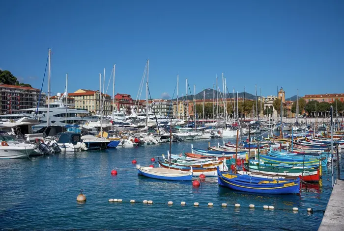 Framed Print : Traditional colourful fishing boats moored in Port de Nice, UNESCO, Alpes Maritimes, French Riviera, Provence, France Framed Print : Traditional colourful fishing boats moored in Port de Nice, UNESCO, Alpes Maritimes, French Riviera, Provence, France