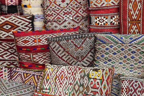 Traditional colourful Moroccan cushions for sale in the souks, Marrakech, Morocco, North Africa, Africa