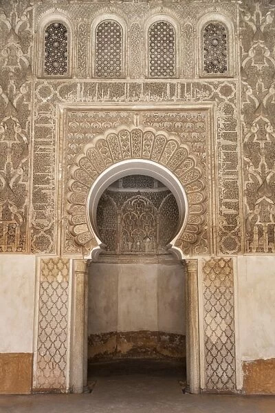 Traditional decorative plaster carving in the Ben Youssef Medersa, UNESCO World Heritage Site, Marrakech, Morocco, North Africa, Africa