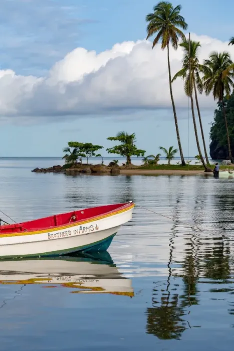 Framed Print : Traditional fishing boat moored at Marigot Bay with tall palms on the small beach in the distance Framed Print : Traditional fishing boat moored at Marigot Bay with tall palms on the small beach in the distance