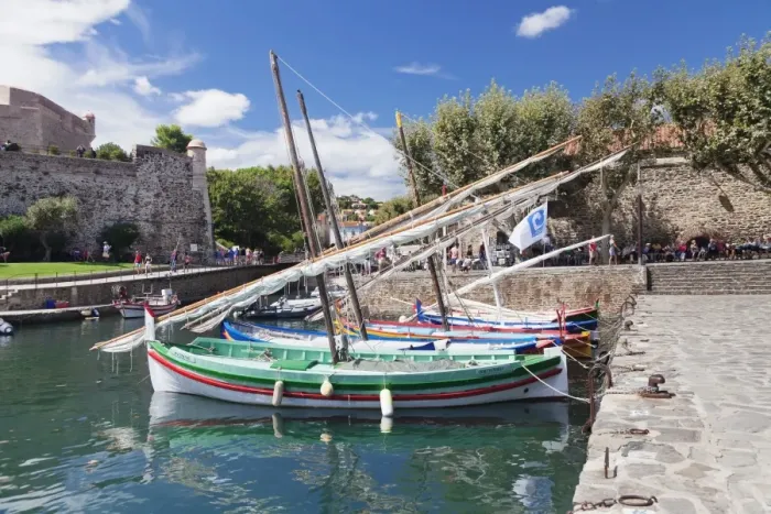 Framed Print : Traditional fishing boats at the port, Chateau Royal Fortress, Collioure, Pyrenees-Orientales Framed Print : Traditional fishing boats at the port, Chateau Royal Fortress, Collioure, Pyrenees-Orientales