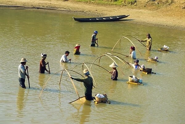 Traditional fishing, mouth of Sittang River, Myanmar, Asia
