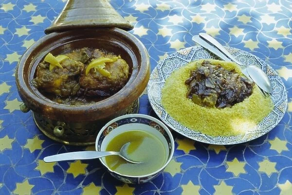 Traditional food including chicken tajine and lamb with couscous