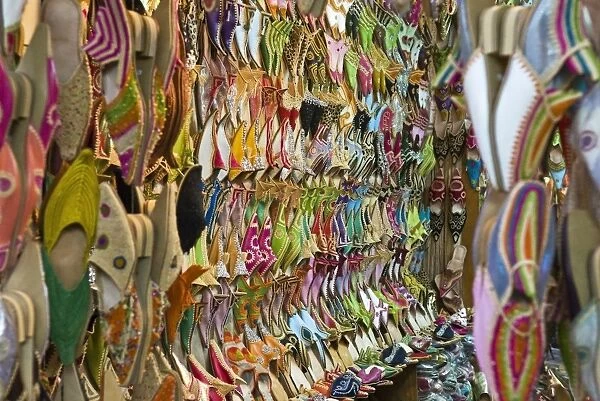 Traditional footware (babouches) for sale in the souk, Medina, Marrakech (Marrakesh)