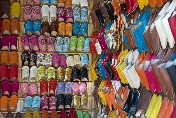 Traditional footware (babouches) for sale in the souk, Medina, Marrakech (Marrakesh)