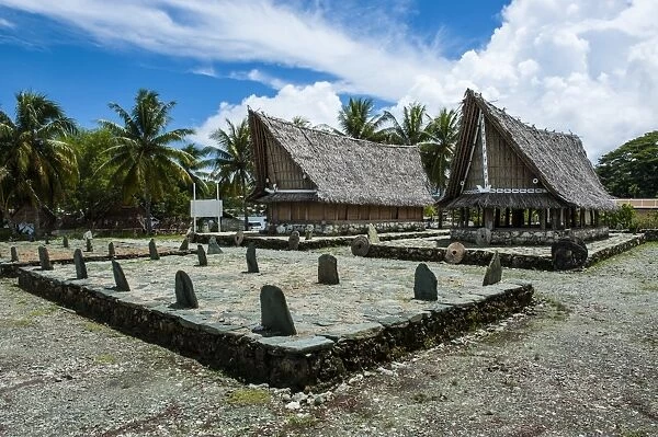 Traditional house with stone money in front, Island of Yap, Federated States of Micronesia, Caroline Islands, Pacific