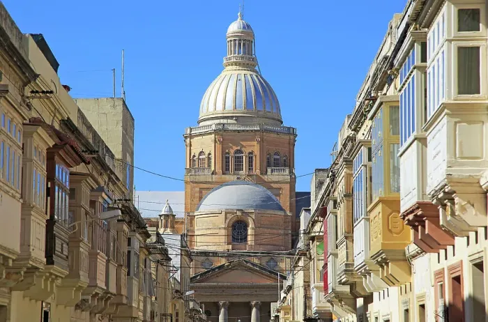 Framed Print : Traditional houses with balconies and dome of Paola Parish Church, Tarxien town, near Valletta, Malta, Mediterranean, Europe Framed Print : Traditional houses with balconies and dome of Paola Parish Church, Tarxien town, near Valletta, Malta, Mediterranean, Europe