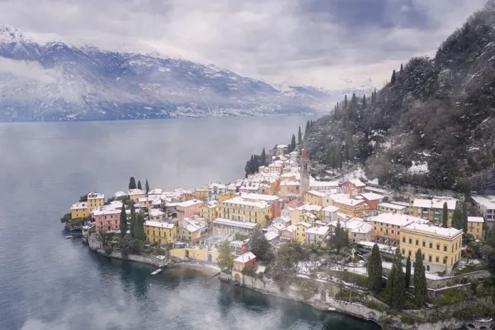 Framed Print : Traditional houses of Varenna old town after a snowfall, Lake Como, Lecco province Framed Print : Traditional houses of Varenna old town after a snowfall, Lake Como, Lecco province