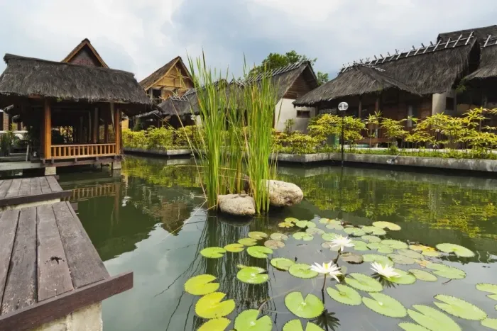 Framed Print : Traditional kampung style rooms over carp ponds at the Kampung Sumber Alam hot springs hotel, Garut, West Java, Java, Indonesia, Southeast Asia, Asia Framed Print : Traditional kampung style rooms over carp ponds at the Kampung Sumber Alam hot springs hotel, Garut, West Java, Java, Indonesia, Southeast Asia, Asia