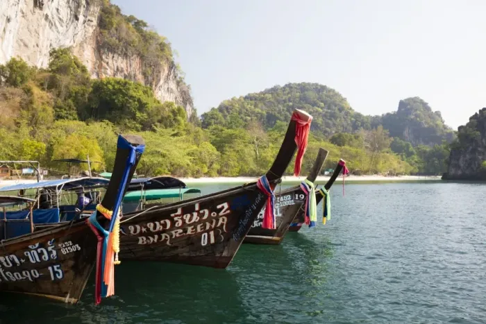 Framed Print : Traditional longtail boats and limestone cliffs, Hong Island, one of the Koh Hong Islands Framed Print : Traditional longtail boats and limestone cliffs, Hong Island, one of the Koh Hong Islands
