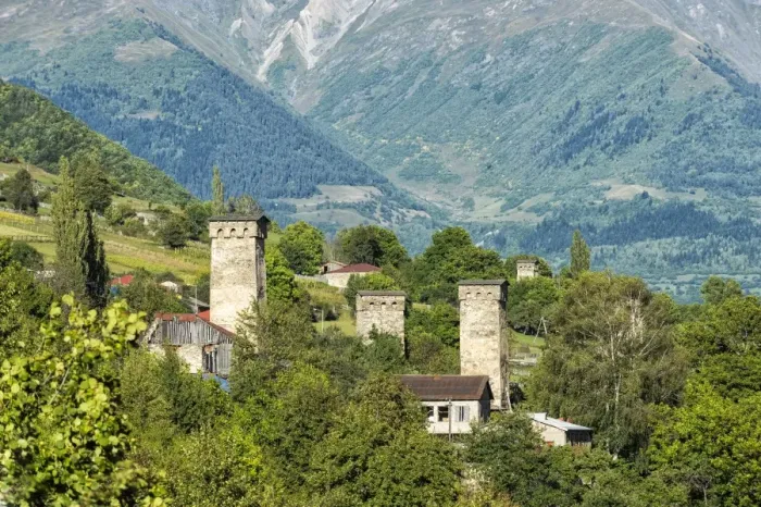 Framed Print : Traditional medieval Svanetian tower houses, Lashtkhveri village, Svaneti region Framed Print : Traditional medieval Svanetian tower houses, Lashtkhveri village, Svaneti region