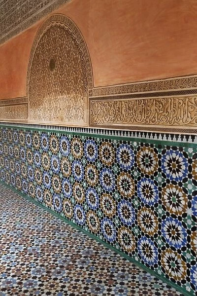 Traditional Moroccan Zallij tile work in the Ben Youssef Medersa, UNESCO World Heritage Site, Marrakech, Morocco, North Africa, Africa
