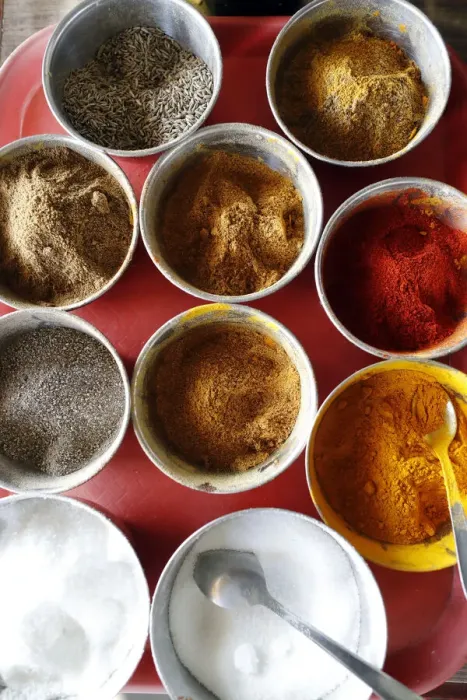 Framed Print : Traditional Nepalese restaurant, curry, salt and spices, Kathmandu, Nepal, Asia