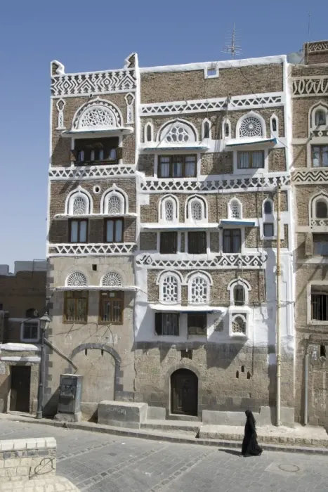 Framed Print : Traditional ornamented brick architecture on tall houses, Old City, Sana a Framed Print : Traditional ornamented brick architecture on tall houses, Old City, Sana a