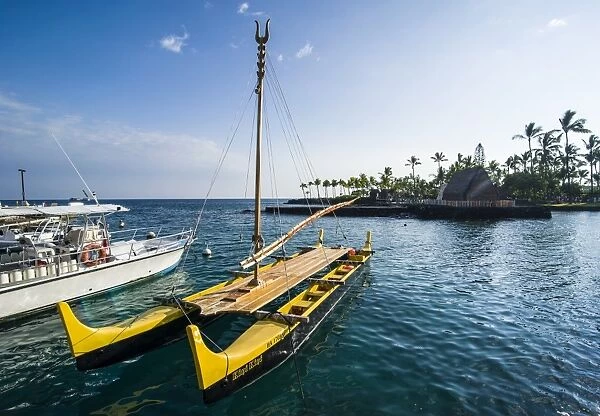 Traditional outrigger boat before the Ahuena Helau, Kailua-Kona, Big Island, Hawaii, United States of America, Pacific