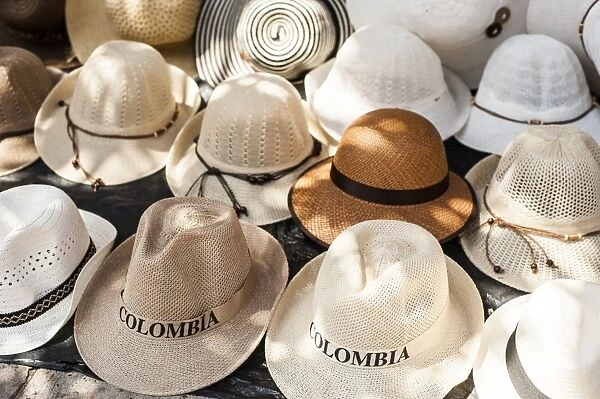 Traditional Panama hats for sale at a street market in Cartagena, Colombia, South America