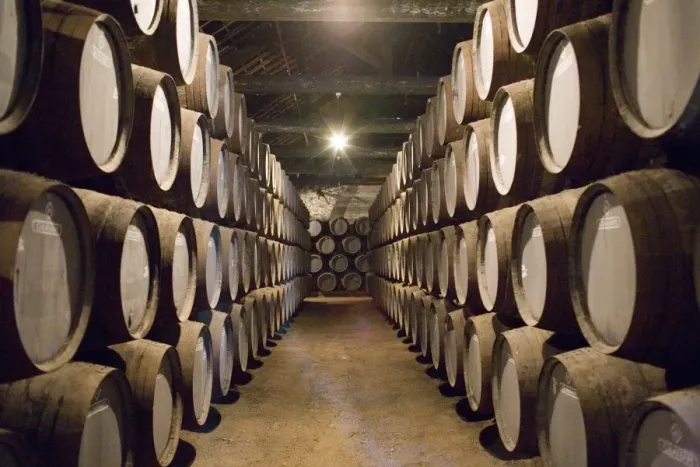 Framed Print : Traditional port barrels in which tawny port is maturing
