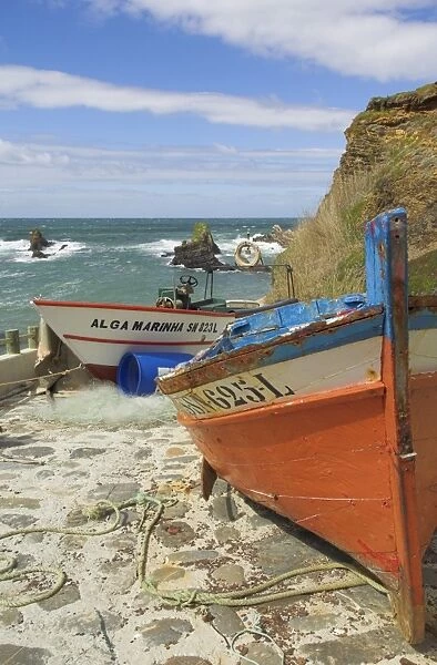 Traditional Portuguese fishing boats in a small coastal harbour