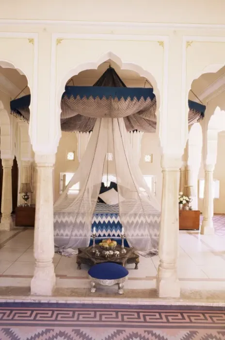 Framed Print : Traditional Rajput columns and cuspid arches in tented guest bedroom Framed Print : Traditional Rajput columns and cuspid arches in tented guest bedroom