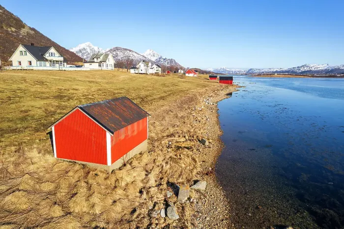 Framed Print : Traditional red cabins by the fjord seen in a sunny clear day, Leknes, Lofoten Islands, Norway, Scandinavia, Europe Framed Print : Traditional red cabins by the fjord seen in a sunny clear day, Leknes, Lofoten Islands, Norway, Scandinavia, Europe