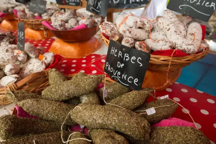 Framed Print : Traditional sausages for sale in an open air market in the historic town of Cassis Framed Print : Traditional sausages for sale in an open air market in the historic town of Cassis