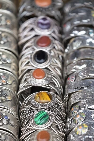 Traditional silver bracelets for sale in Rahba Kedima (Old Square), Marrakech, Morocco, North Africa, Africa