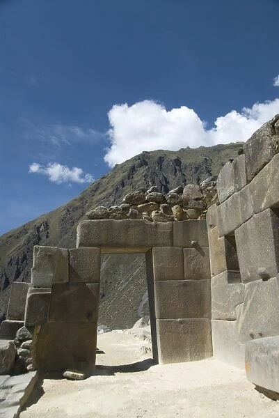 Traditional stone entrance doorway at the Inca ruins of Ollantaytambo, The Sacred Valley