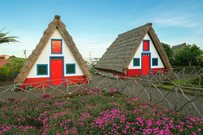 Framed Print : Traditional thatched houses with flowers at dawn, Santana, Madeira, Portugal, Atlantic, Europe Framed Print : Traditional thatched houses with flowers at dawn, Santana, Madeira, Portugal, Atlantic, Europe