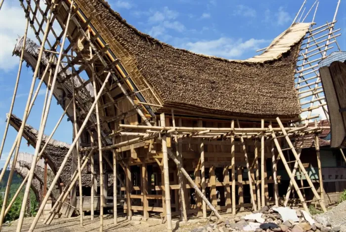 Framed Print : Traditional Toraja house under construction