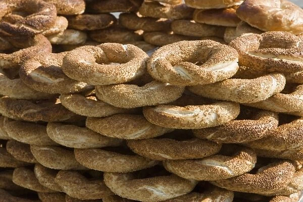 Traditional Turkish bagels with sesame seeds for sale, Istanbul, Turkey, Europe