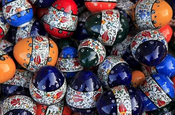 Traditional Turkish decorative pottery on display in a market stall in the old city of Antayla