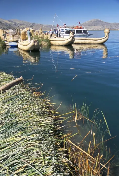 Framed Print : Traditional Uros (Urus) reed boats at floating island Framed Print : Traditional Uros (Urus) reed boats at floating island