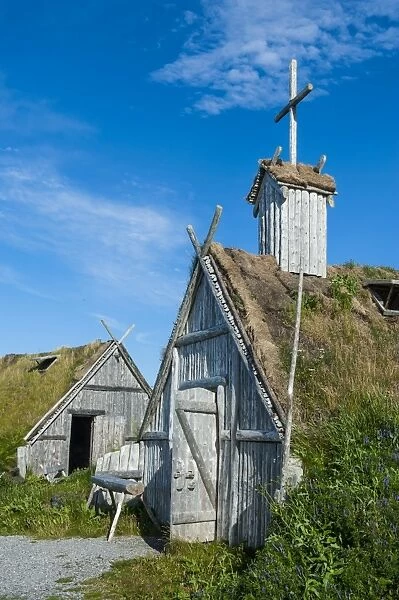 Traditional Viking buildings in the Norstead Viking Village and Port of Trade reconstruction of a Viking Age settlement, Newfoundland, Canada, North America